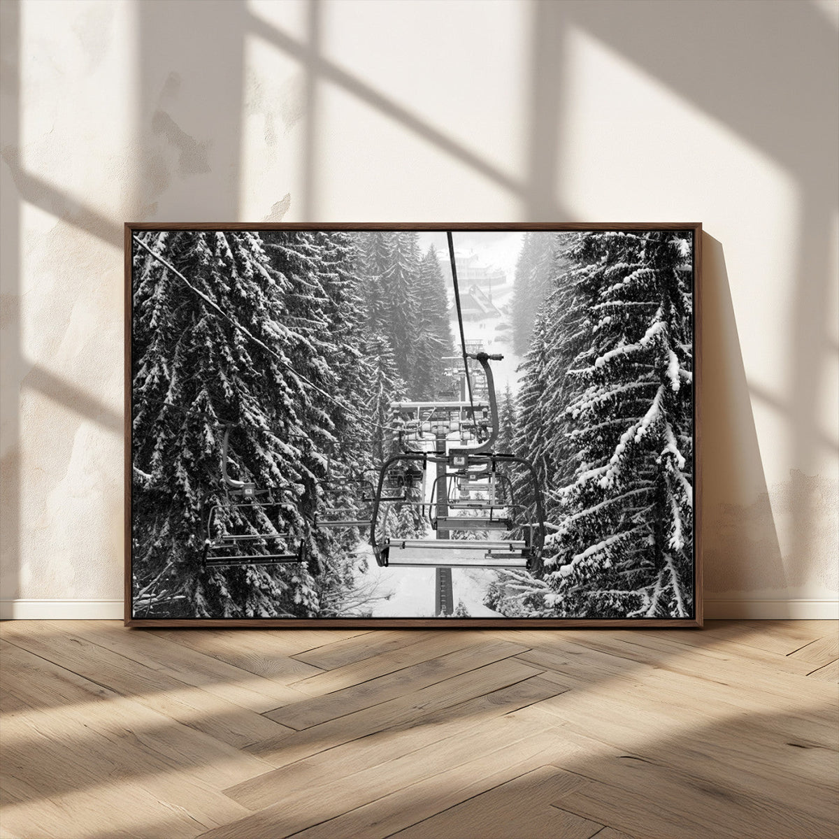 Winter Ski Lift Black and White Canvas Wall Art | Alpine Escape in Minimalist Style