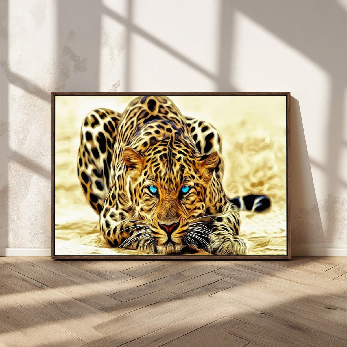 Blue-Eyed Leopard Canvas Wall Art, Framed Animal Print, Fierce and Bold Decor for Living Rooms