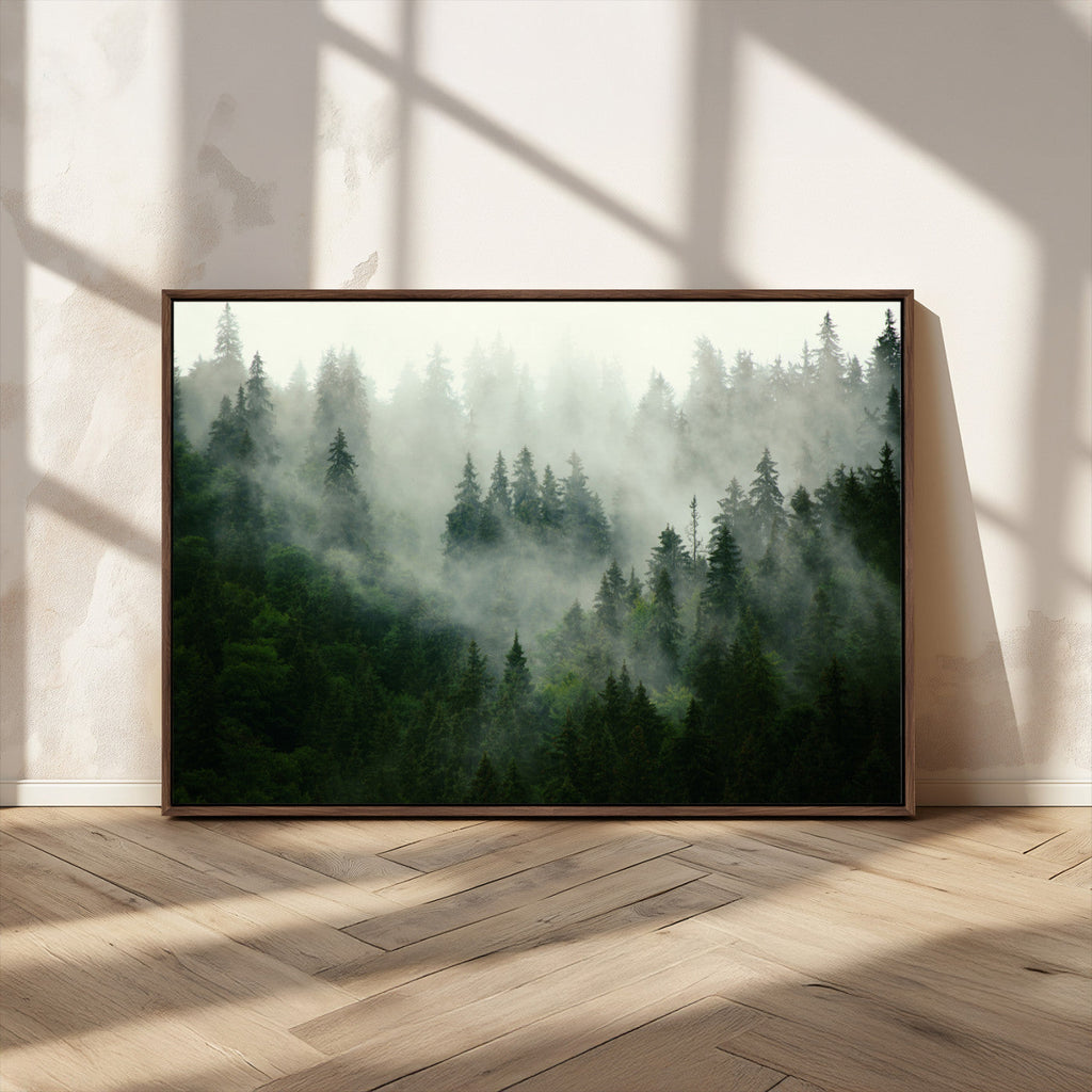Misty Forest Wall Art | Tranquil Green Woodland Canvas Print