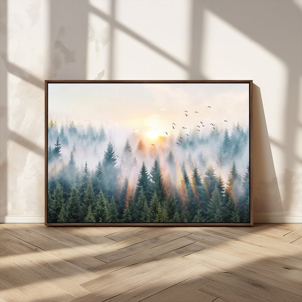 Misty Pine Forest Wall Art Canvas, Sunrise Over Foggy Trees