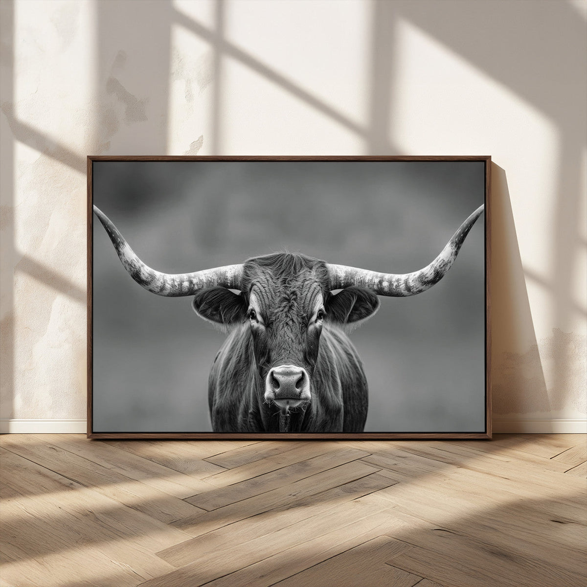 Texas Longhorn Wall Art Canvas Print, Framed Western Bull Photography, Rustic Log Cabin Decor