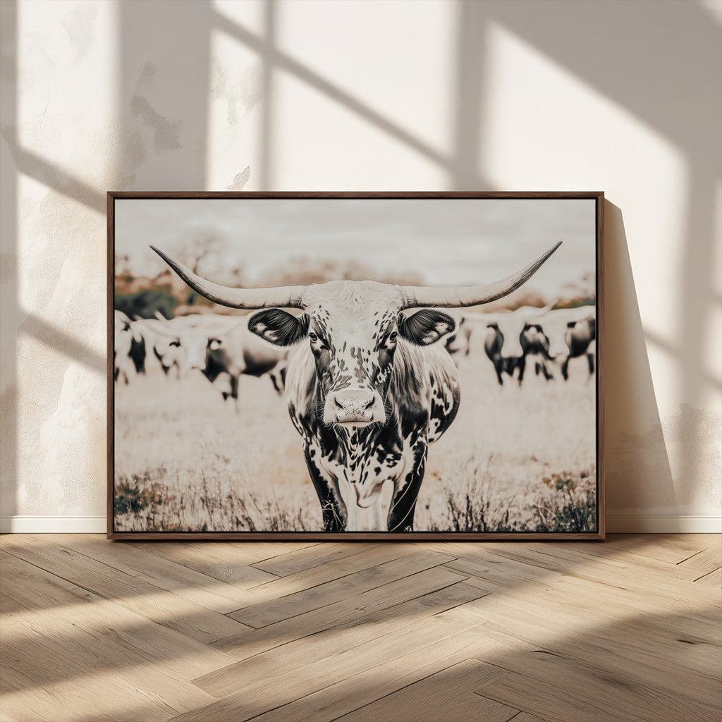 Texas Longhorn Wall Art Canvas Print | Framed Speckled Brown and White Bull