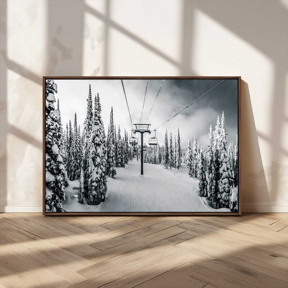 Snowy Pines Wall Art Canvas Print | Ski Lift in a Winter Forest