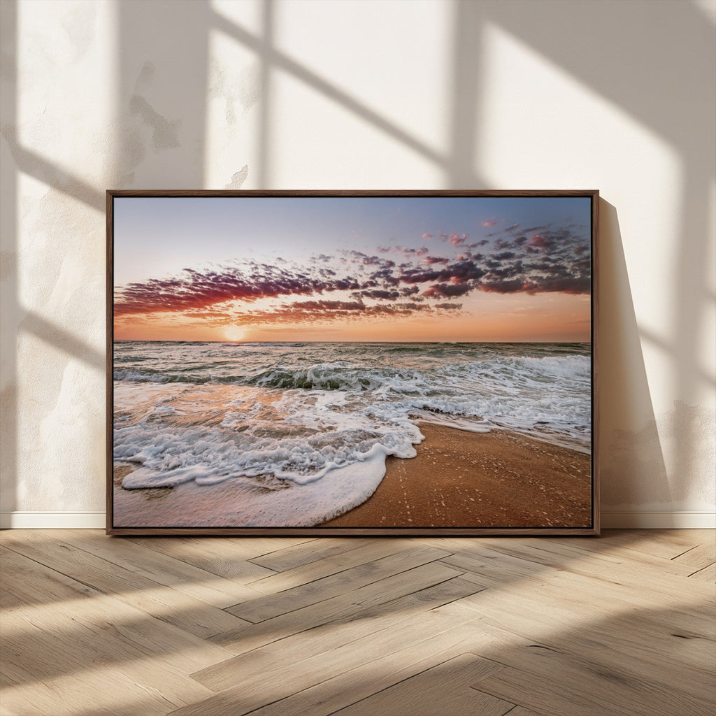 Ocean Sunset Wall Art Canvas Print | Sandy Shore and Gentle Waves