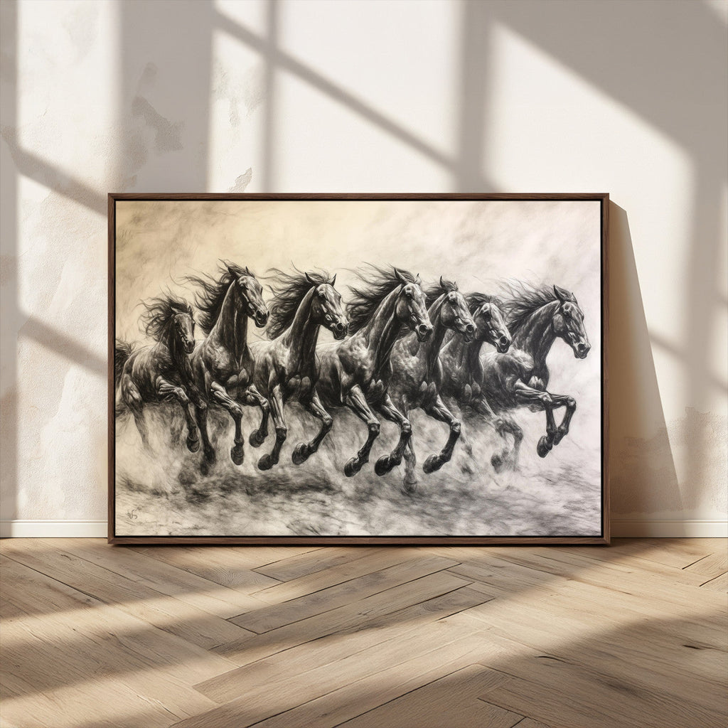 Running Horses Wall Art Canvas Print, Framed Monochrome Galloping Herd Sketch