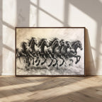 Running Horses Wall Art Canvas Print, Framed Monochrome Galloping Herd Sketch