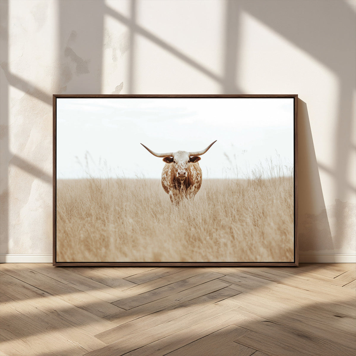 Texas Longhorn Wall Art Canvas Print, Framed Lone Cattle and Longhorn Bull Scene