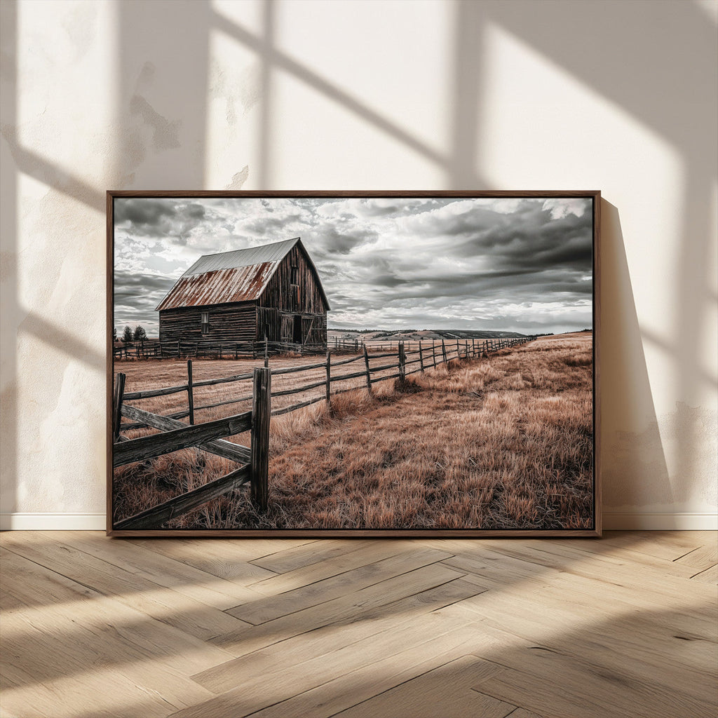 Rustic Barn Wall Art Canvas Print, Framed Moody Field Scene