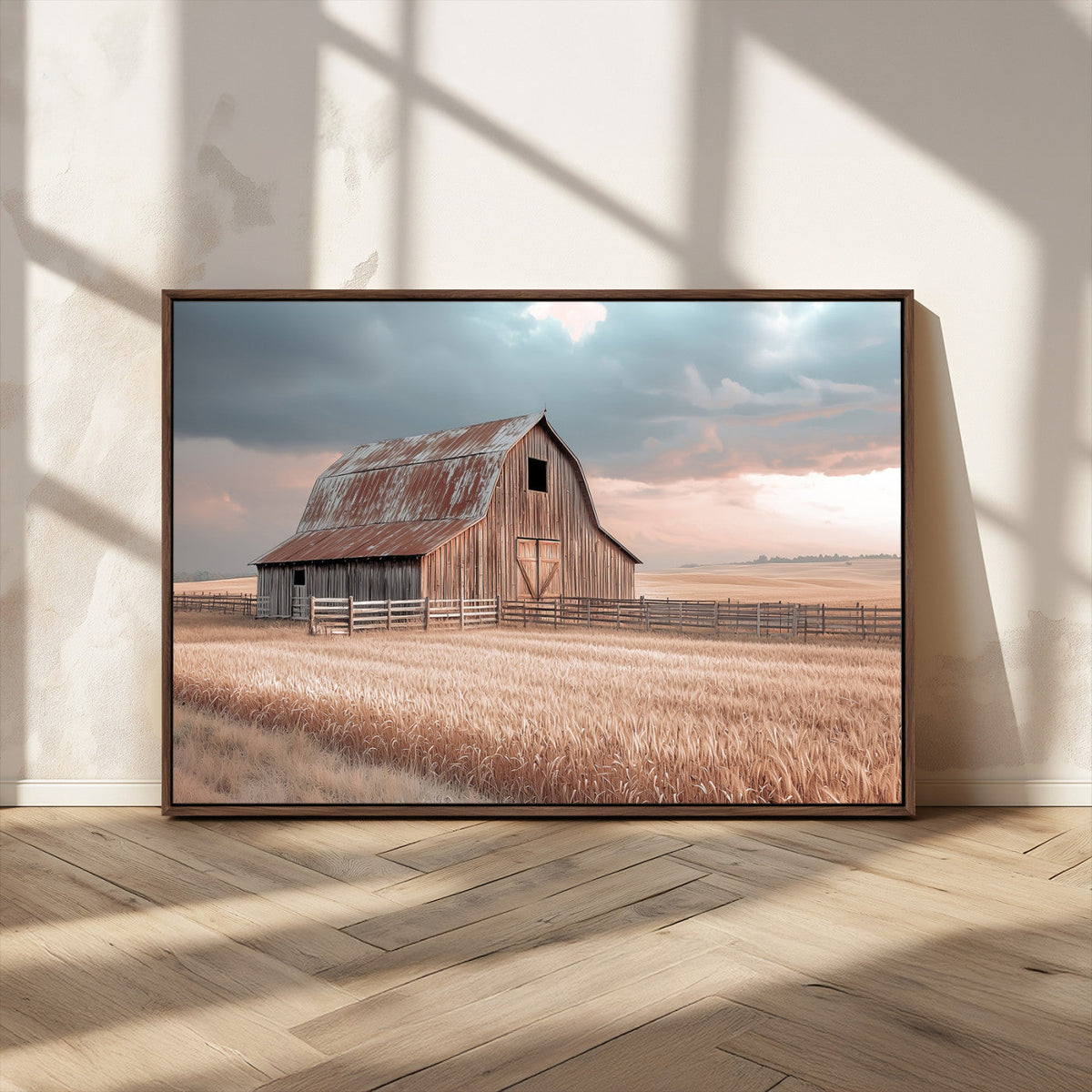 Rustic Barn Wall Art Canvas Print, Framed Wheat Field Scene