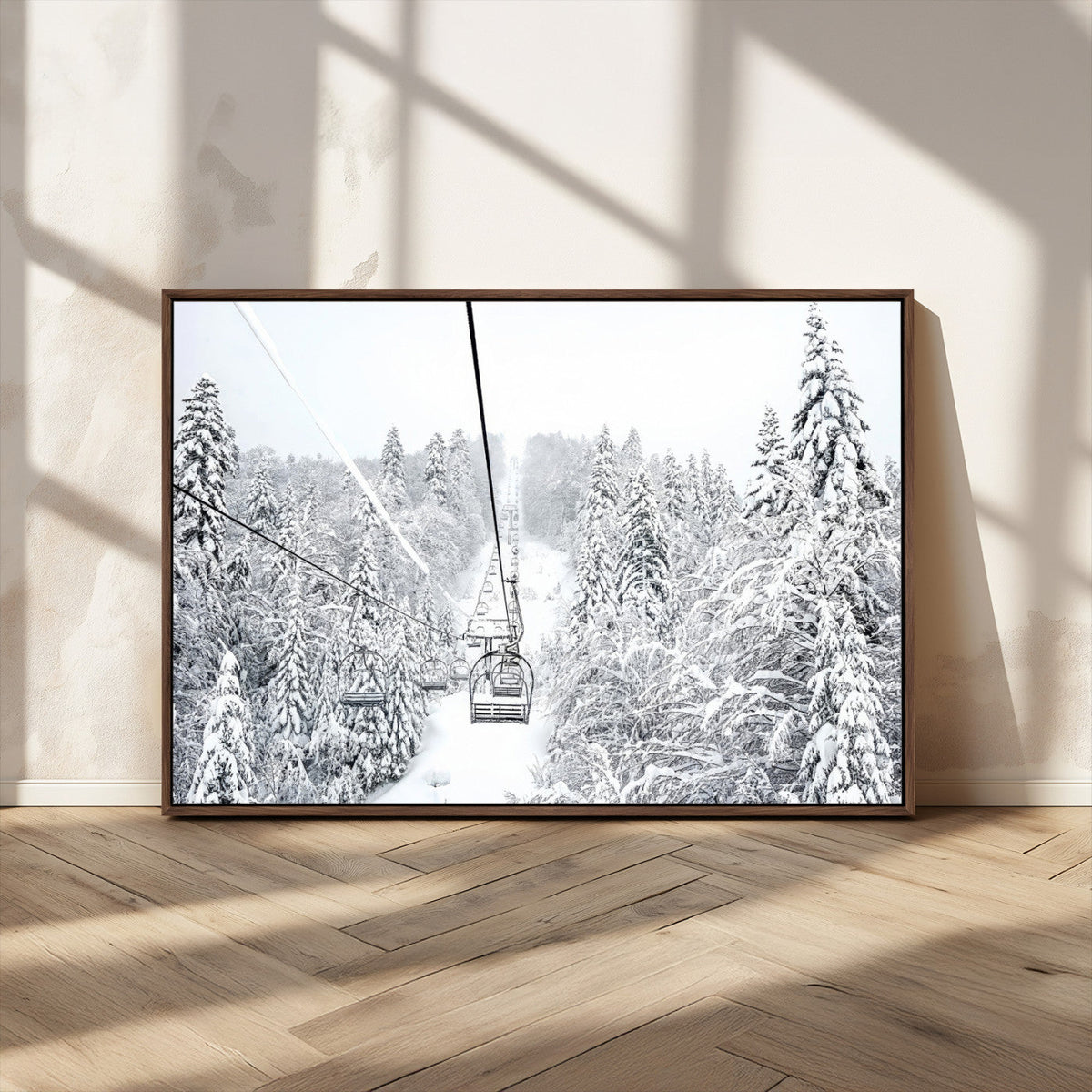 Snowy Ski Lift Wall Art | Framed Winter Mountain Canvas