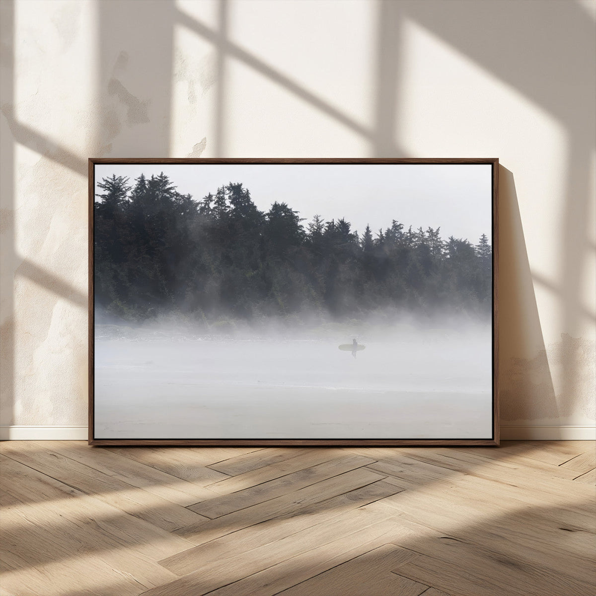 Surfer Fog Wall Art Canvas Print, Framed Foggy Beach and Coastal Surf Scene