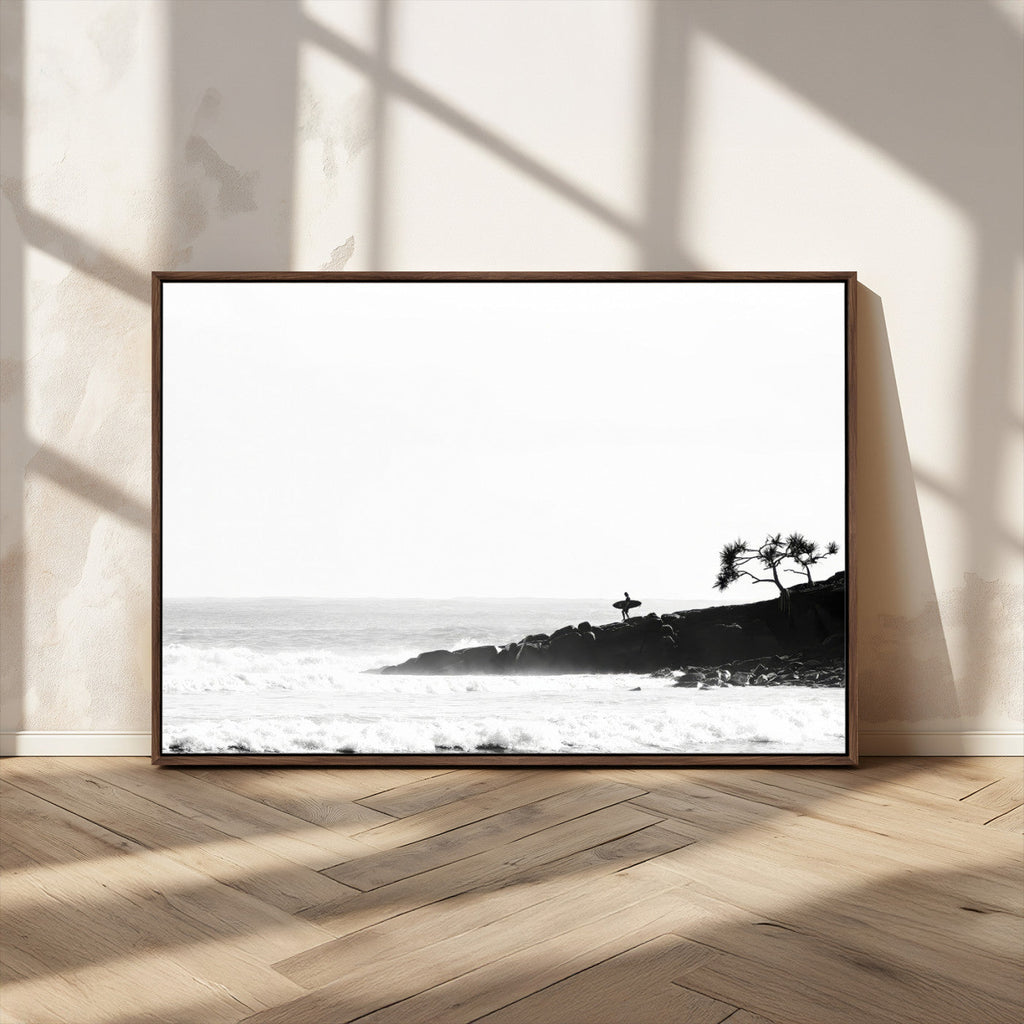 Surfer Cliffs Wall Art Canvas Print, Framed Black White Beach and Ocean Waves