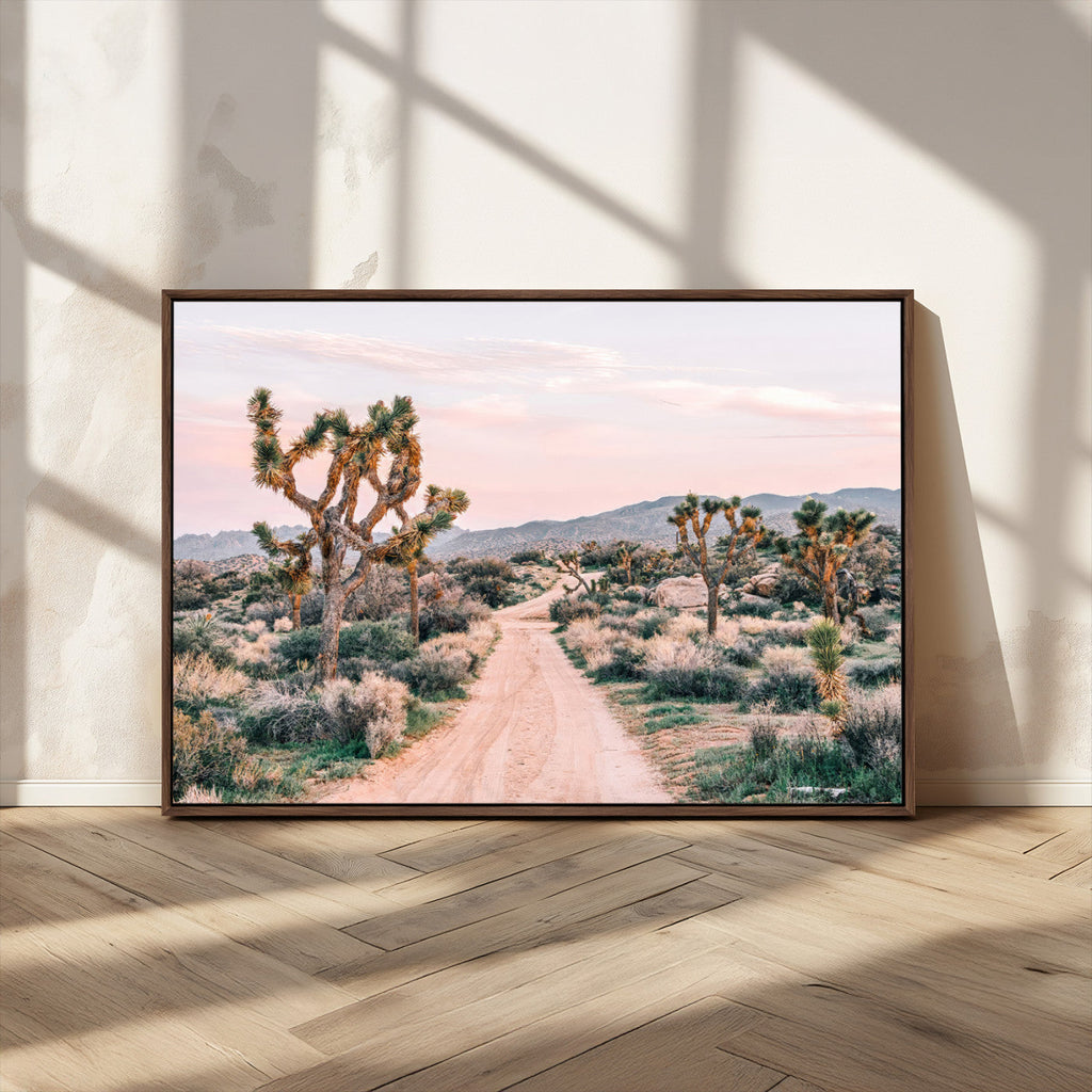 Joshua Tree Wall Art Canvas Print, Framed Desert Road Scene at Sunset
