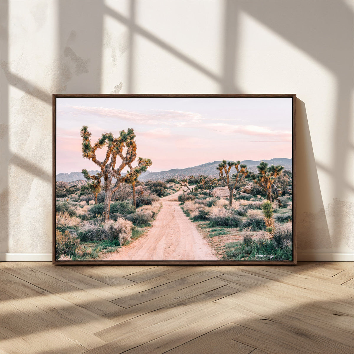 Joshua Tree Wall Art Canvas Print, Framed Desert Road Scene at Sunset