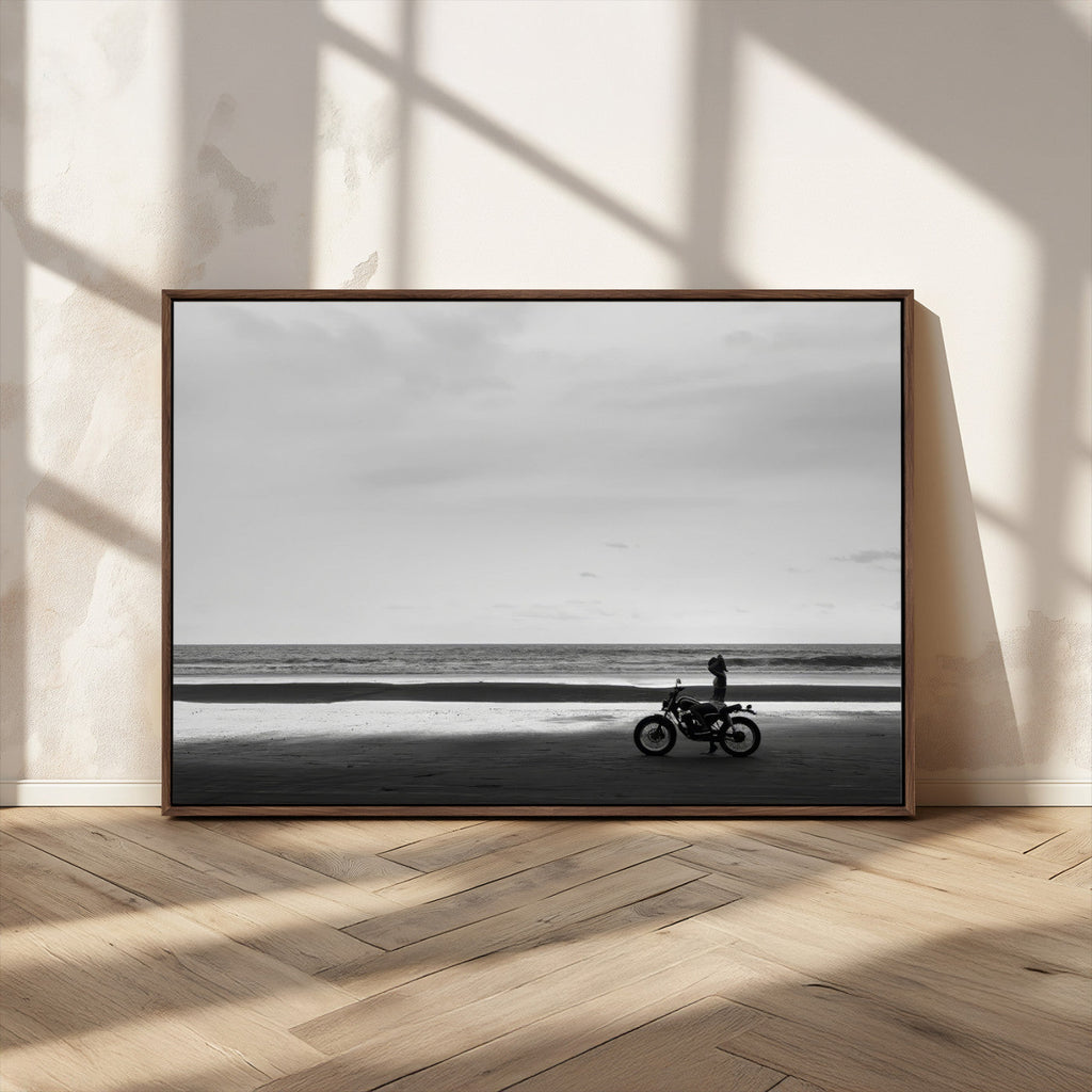 Motorcycle Beach Wall Art Canvas Print, Framed Vintage Motorcycle and Biker Silhouette