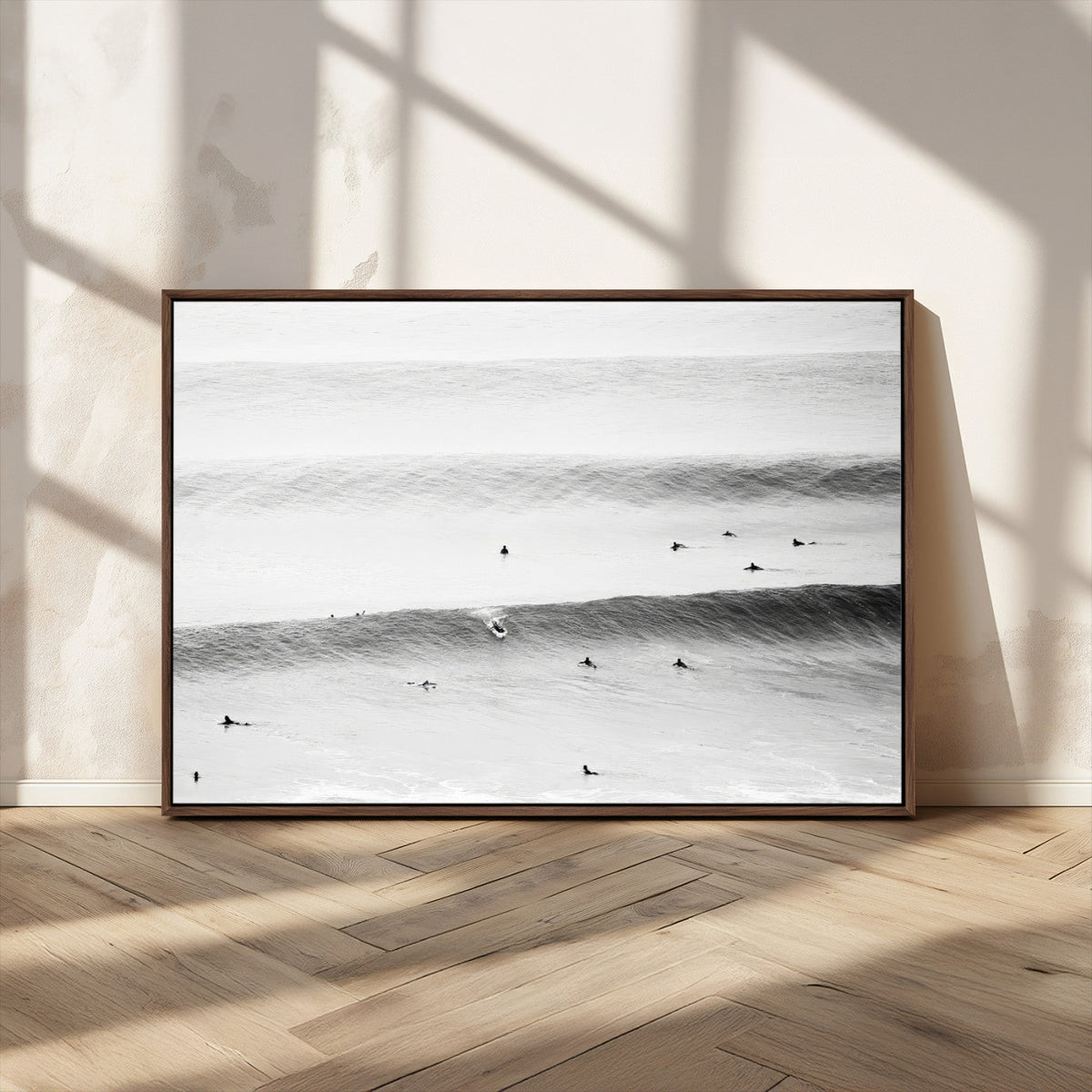 Black White Ocean Wall Art Canvas Print, Framed Coastal Sport and Ocean Swimmers Scene