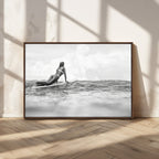 Black and White Surfing Wall Art Canvas Print, Framed Ocean Horizon Surfer Girl