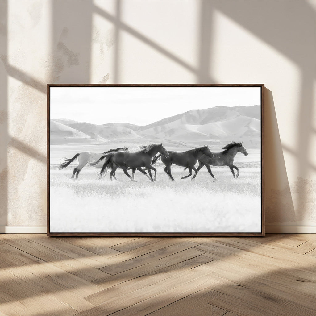 Wild Horses Running Wall Art Canvas Print, Framed Black White Mustangs Artwork