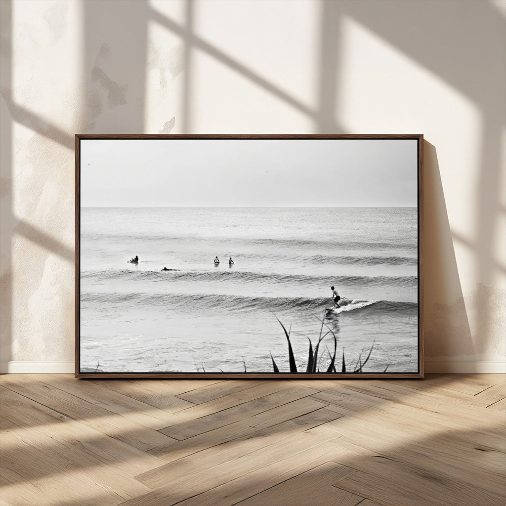 Surfer Silhouette Wall Art Canvas Print, Framed Calm Ocean Monochrome Surf