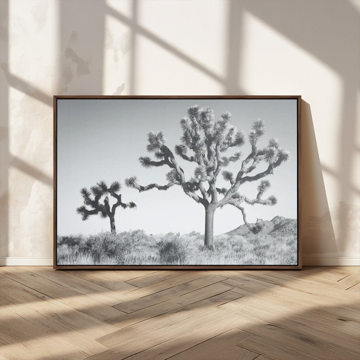 Joshua Tree Wall Art Canvas Print, Framed Black and White Desert Landscape Artwork