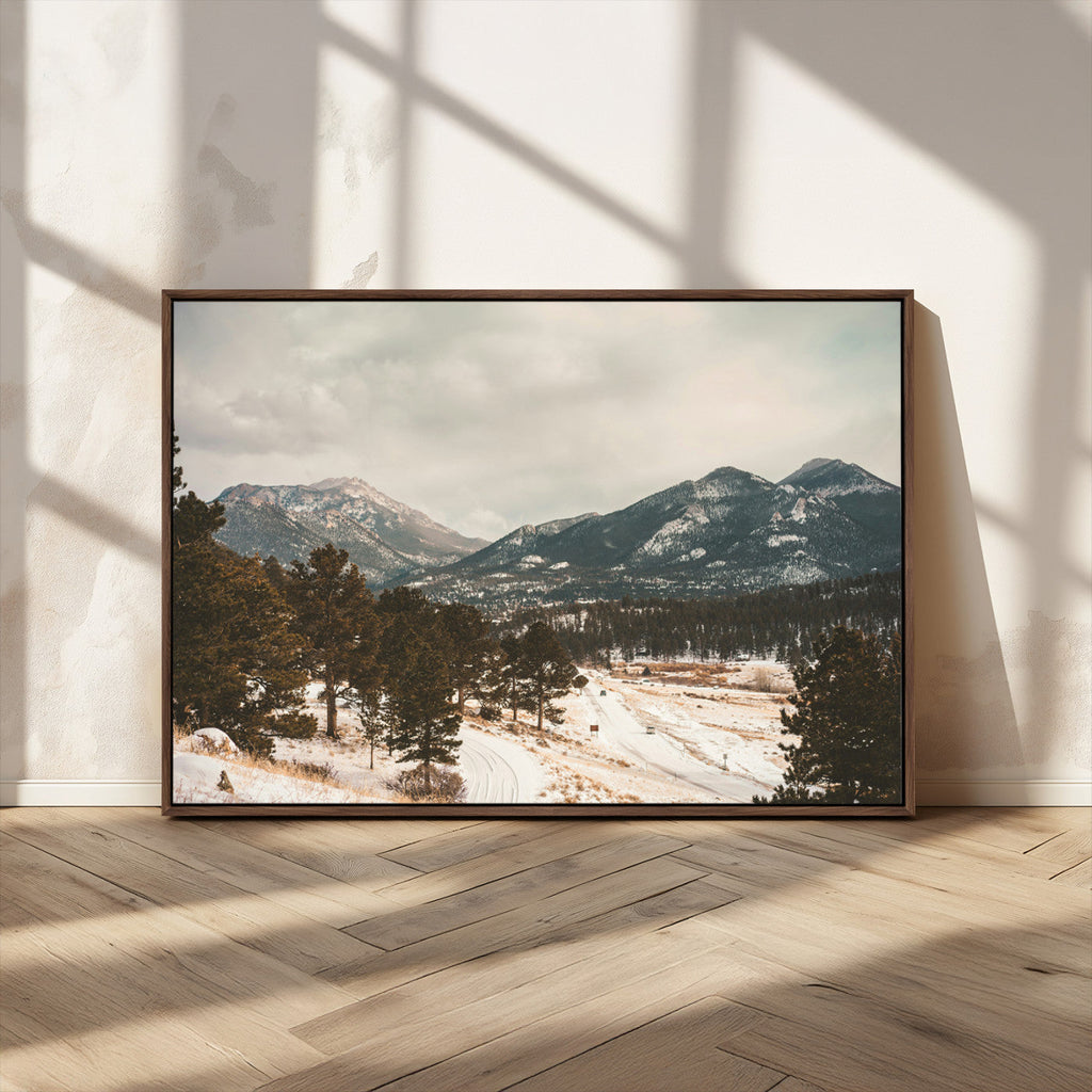 Mountain Landscape Wall Art Canvas Print, Framed Snowy Peaks Alpine Winter