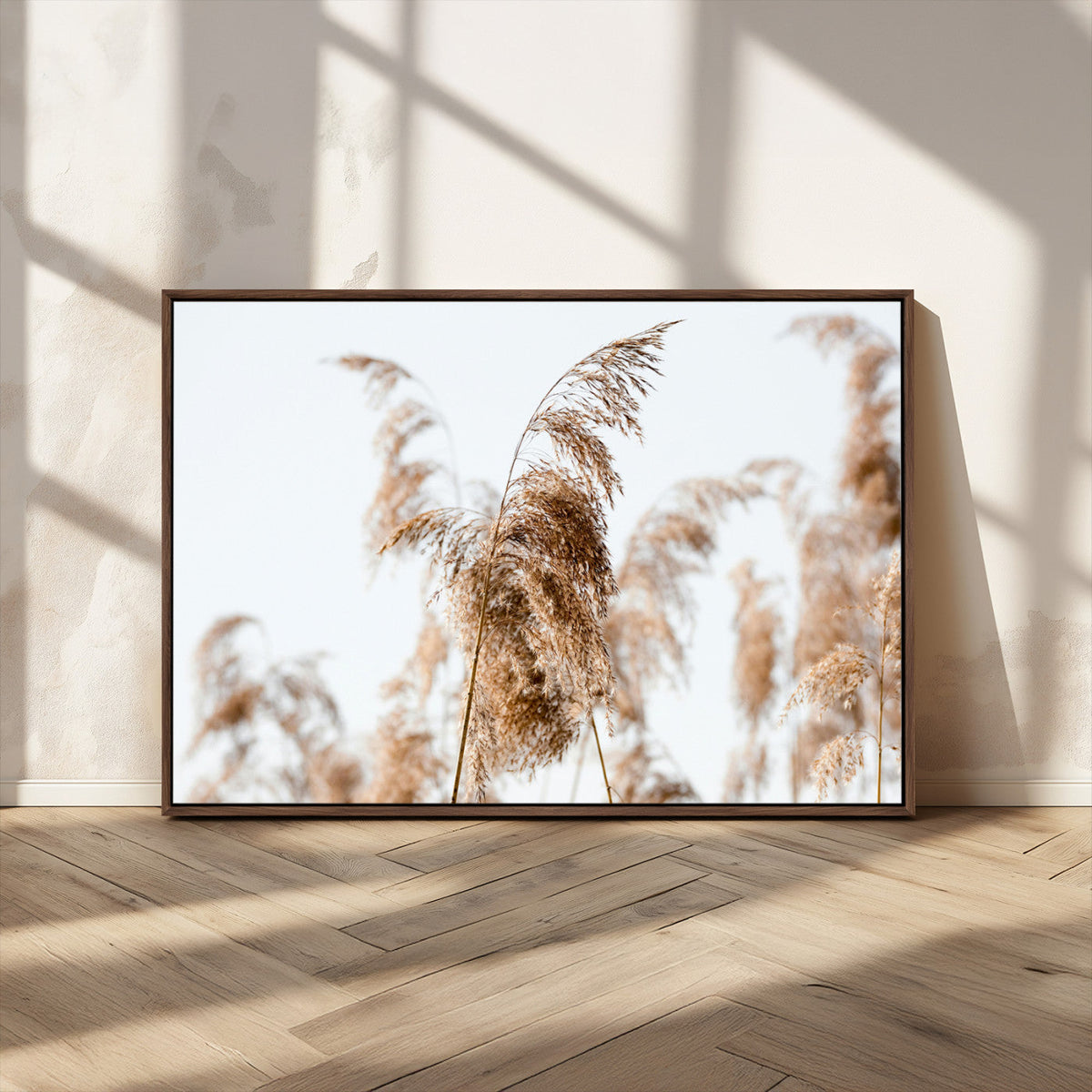 Pampas Grass Wall Art Canvas Print, Framed Neutral Tones Minimalist Boho