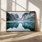 Mountain Lake Wall Art Canvas Print, Framed Toblacher See Winter Wonderland