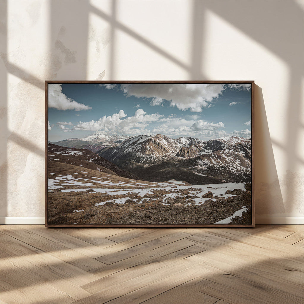 Mountain Landscape Wall Art Canvas Print, Framed Snowy Peaks Art, Rugged Highlands Rustic Adventure Decor