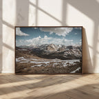 Mountain Landscape Wall Art Canvas Print, Framed Snowy Peaks Art, Rugged Highlands Rustic Adventure Decor