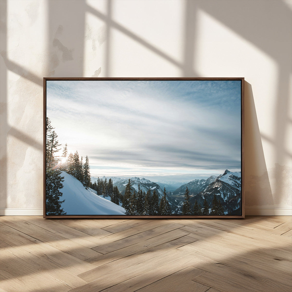 Snowy Mountains Wall Art Canvas Print, Framed Alpine Landscape Frosty Peaks Artwork