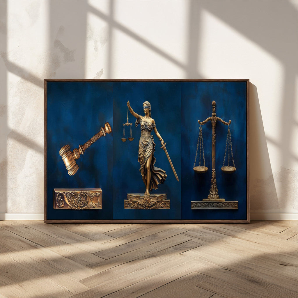 Lady Justice Wall Art Canvas Print, Elegant Gold Legal Symbols on Blue, Law Office Decor