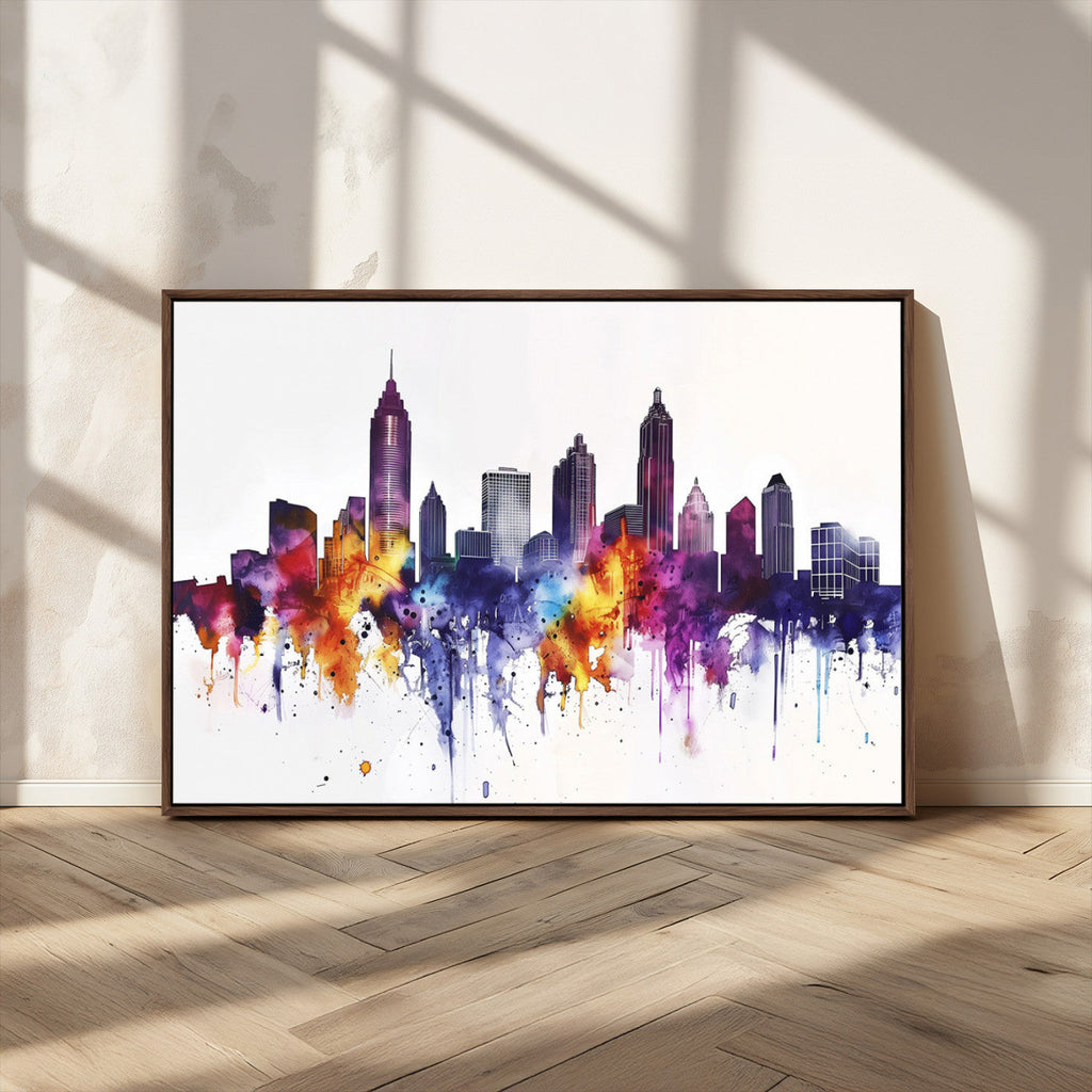Atlanta Skyline Wall Art Canvas Print, Framed Colorful Watercolor Cityscape