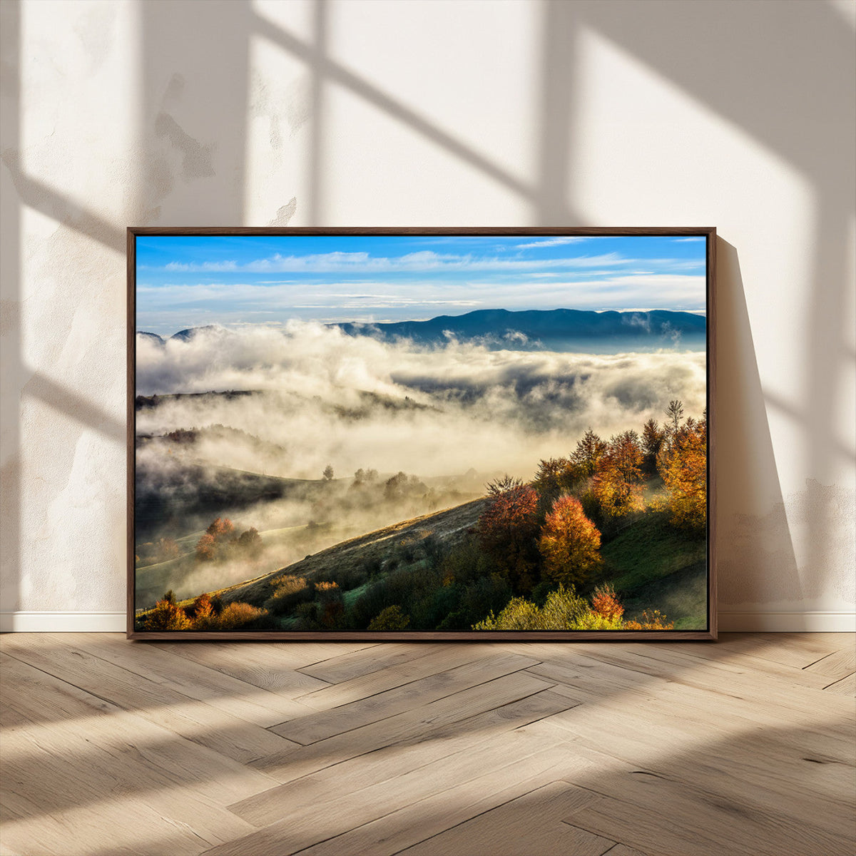 Misty Autumn Hills Wall Art Canvas Print, Foggy Forest Landscape with Fall Foliage
