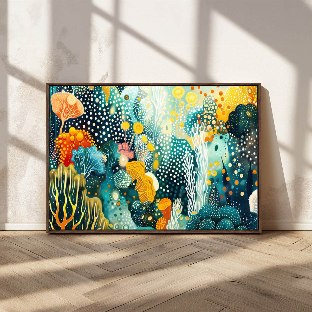 Luminous Abstract Ocean Garden Wall Art Canvas Print, Vibrant Coral Reef Marine Life