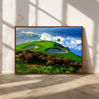 Coastal Golf Course Wall Art Canvas Print, Vibrant Green with Sand Bunkers and Ocean Waves