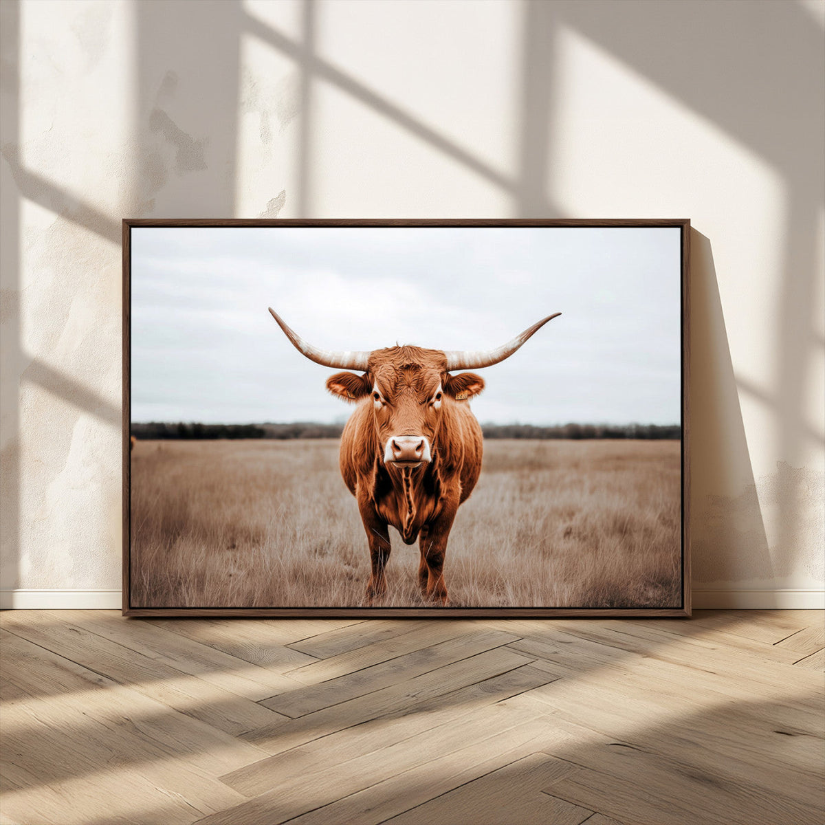 Longhorn Bull Wall Art Canvas Print, Framed Rustic Decor
