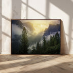 Misty Forest Sunrise Wall Art Canvas Print, Framed Mountain Valley Pine Trees