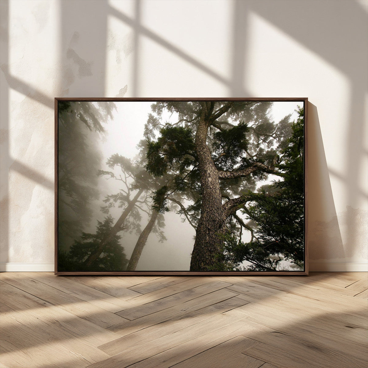 Misty Forest Wall Art Canvas Print, Framed Tall Trees in Foggy Atmosphere