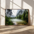 Misty Lake Forest Wall Art, Green Trees and Calm Water Reflection, Mountain Fog Landscape Canvas