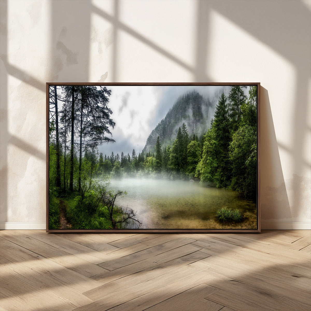 Misty Lake Forest Wall Art, Green Trees and Calm Water Reflection, Mountain Fog Landscape Canvas
