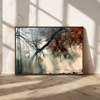 Sunlit Autumn Forest Wall Art, Misty Trees with Sun Rays, Peaceful Fall Landscape Canvas Print