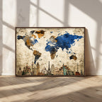 World Map Canvas Print | Vintage Blue and Gold World Map Wall Art