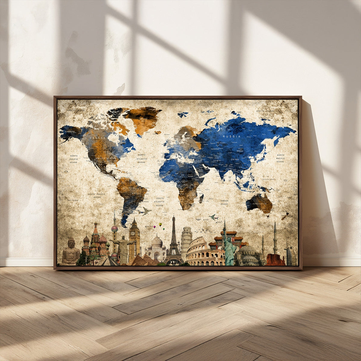 World Map Canvas Print | Vintage Blue and Gold World Map Wall Art