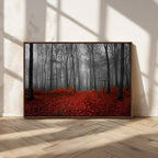 Red Forest Floor Canvas Wall Art | Mystical Foggy Woodland Triptych