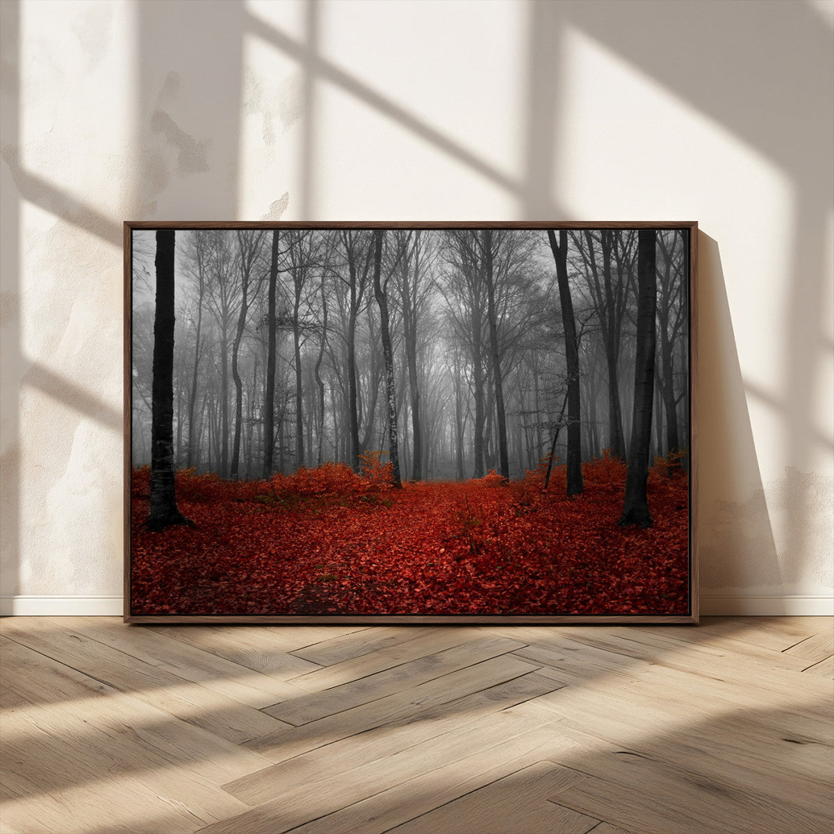 Red Forest Floor Canvas Wall Art | Mystical Foggy Woodland Triptych