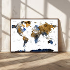 Modern Abstract World Map Canvas Wall Art | Framed Blue and Gold Map Print
