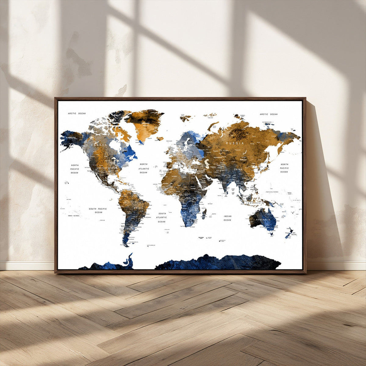 Modern Abstract World Map Canvas Wall Art | Framed Blue and Gold Map Print