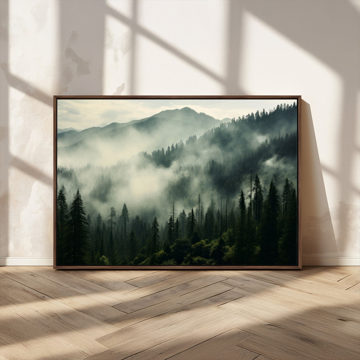 Captivating Misty Forest Wall Art Premium Canvas Print, A Foggy and Serene Atmosphere