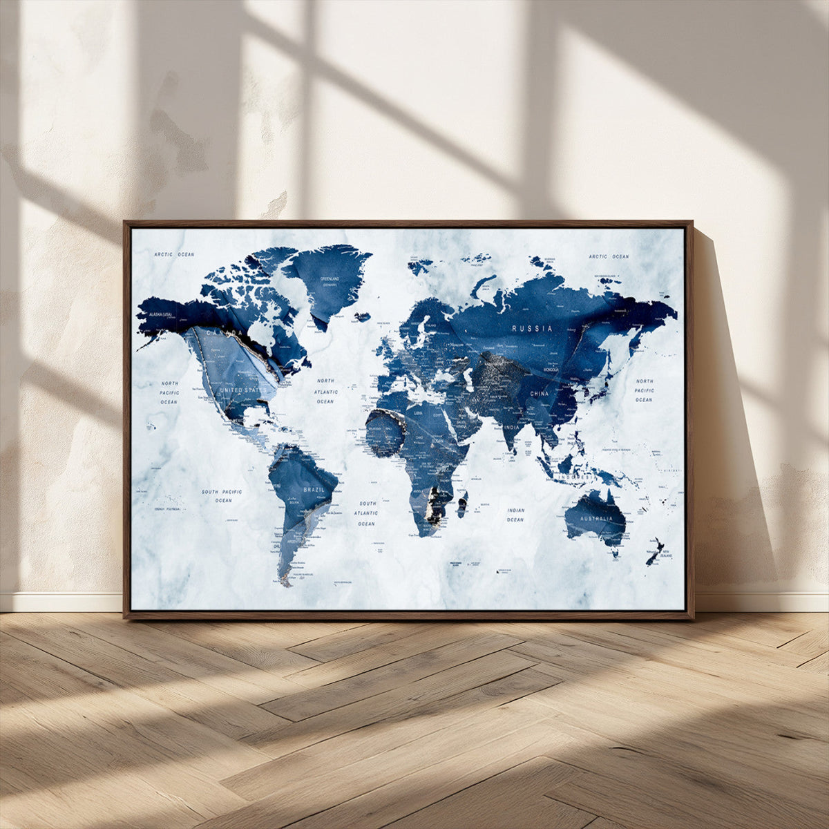 Modern Blue World Map Canvas Print | Elegant Travel Map Wall Art for Home Office