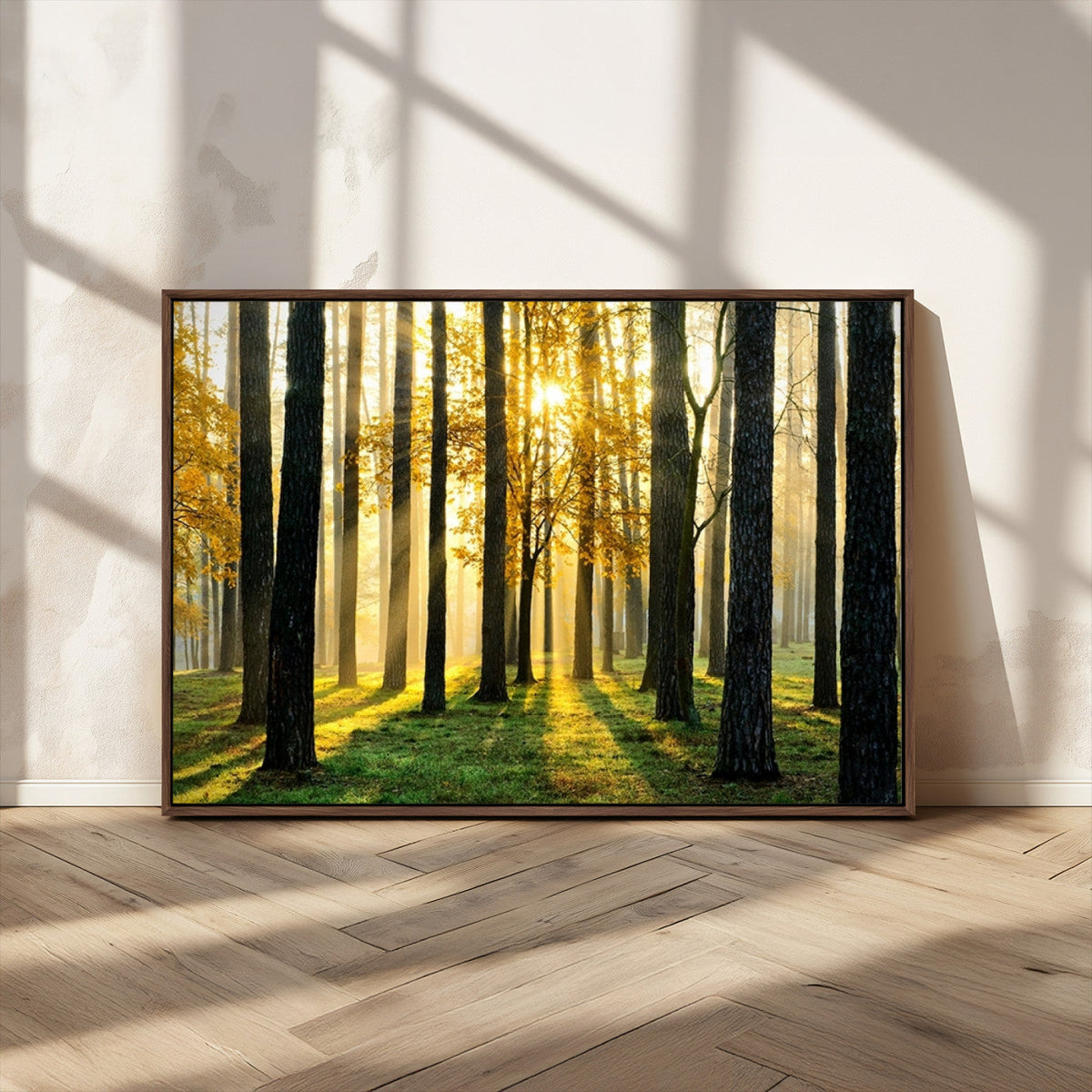 Sunlit Forest Wall Art Canvas Print, Large Framed Woodland Scene with Golden Light